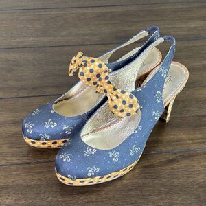 Miss Albright Spectator Silk Floral Polka Dot MaryJane Heel Blue Yellow Womens 7